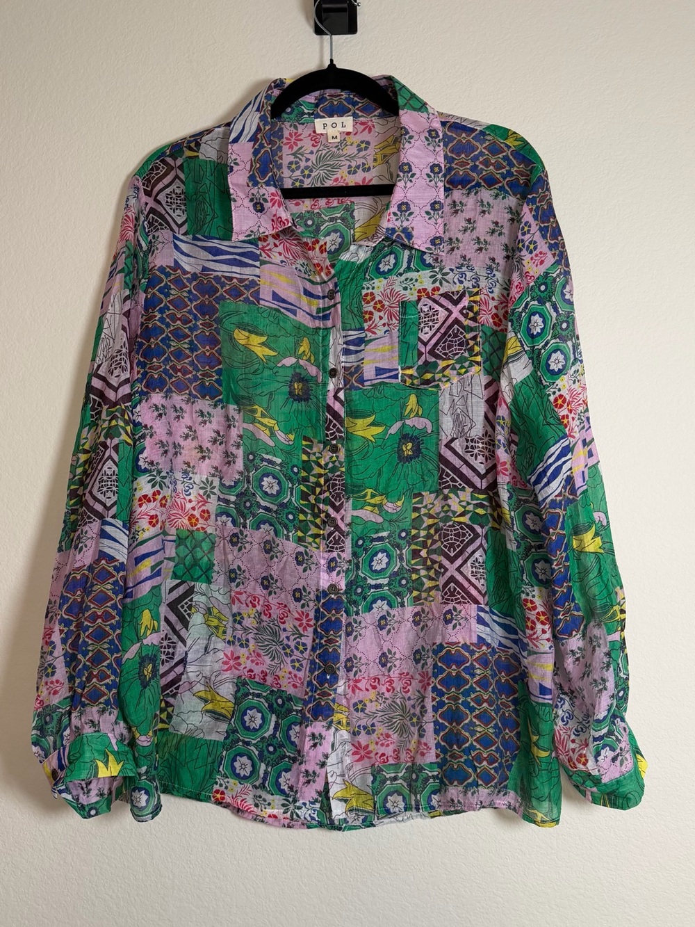 POL Patchwork Floral Button-Down Shirt - Green & Lavender